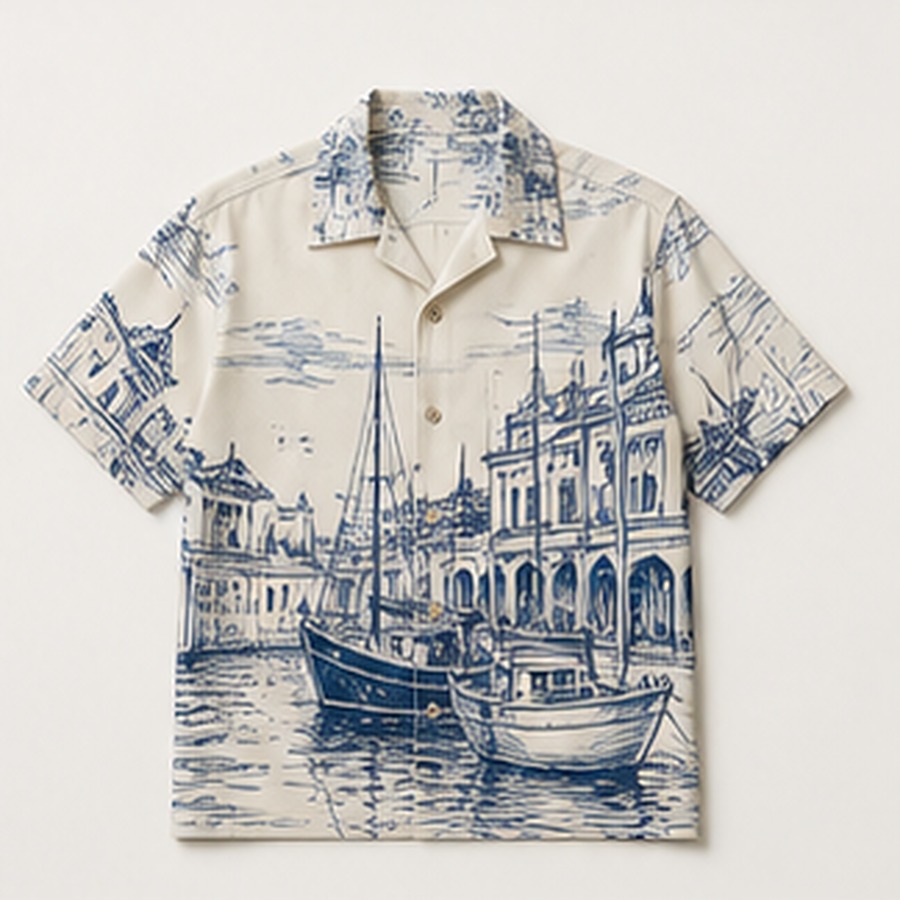 Hawaiian Shirt Harbor Sketch Design for Unisex Easy Travel Featuring Sail Line Artwork