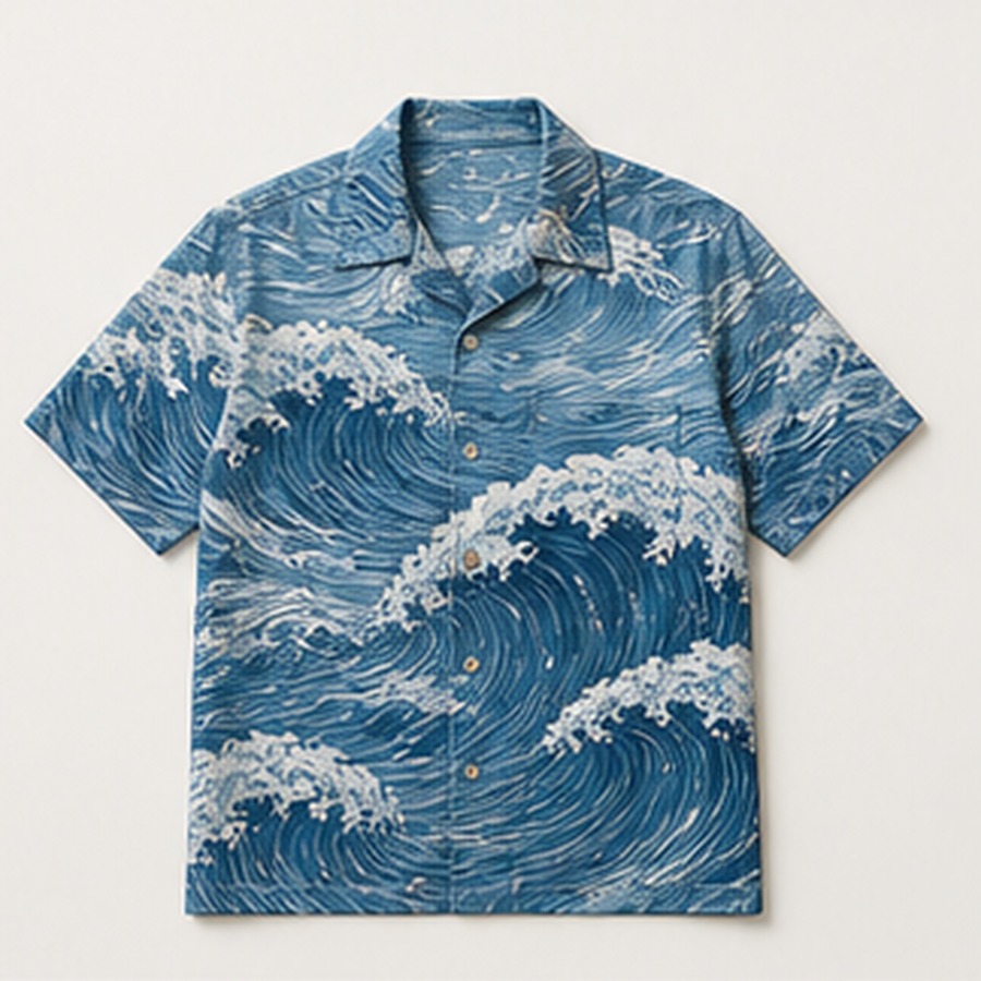 Hawaiian Shirt Ocean Postcard Design for Unisex Vacation Dinners Featuring Wave Illustration