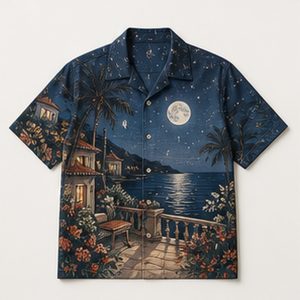 Hawaiian Shirt Terrace Night Design for Unisex Summer Gatherings Featuring Moonlit Botanical Print